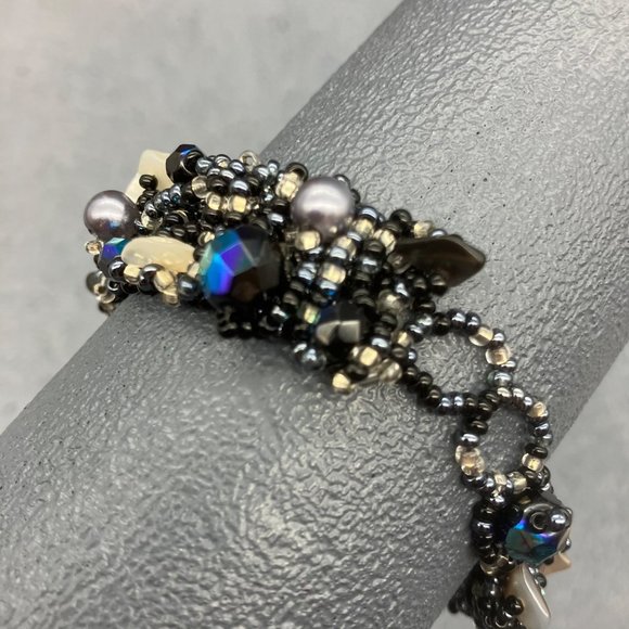 Seed Bead Wrap Bracelet Blue Silver Grey White Pearl Stone Chip Iridescent Loop - Picture 2 of 7